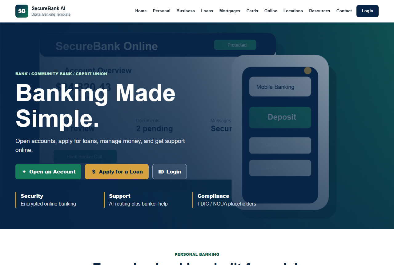 Financial institution website template preview