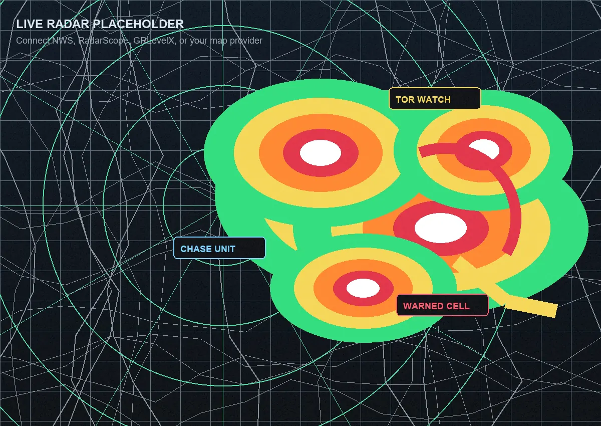 Synthetic radar map placeholder with active storm cells